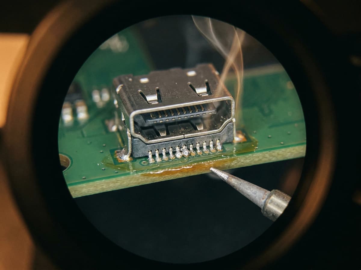HDMI Port Reparatur unter Mikroskop